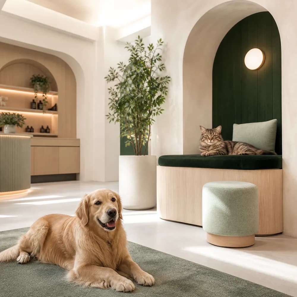 Golden retriever and tabby cat relaxing in the Paw District pet-care lounge